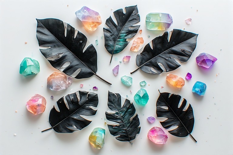 Scattered black leaves and luminous crystals