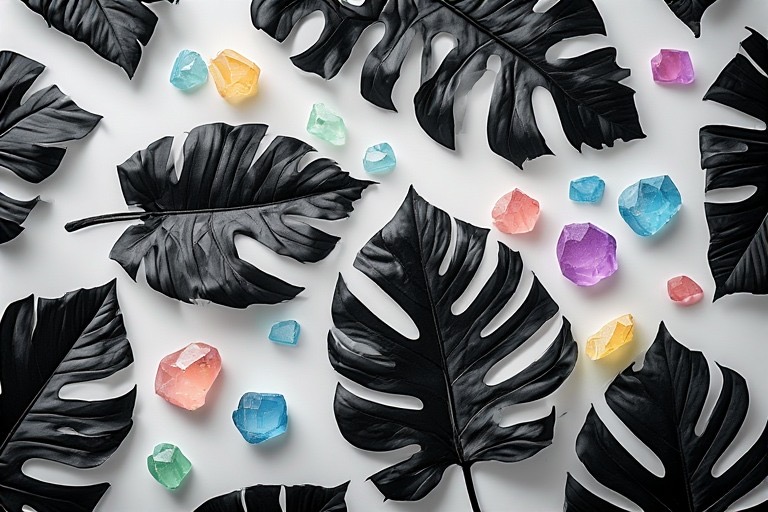 Dark botanical leaves with pastel crystals
