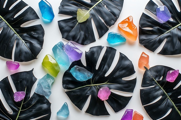 Black leaves and translucent gemstones