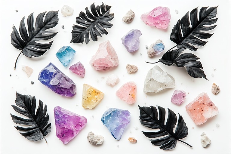 Black tropical leaves and colorful crystals