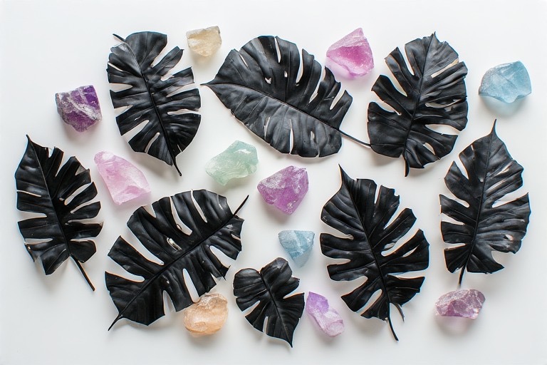 Dark leaves surrounded by raw crystals