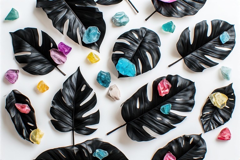 Tropical leaves and colorful stones