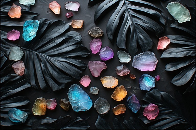 Dark composition of black leaves and gemstones