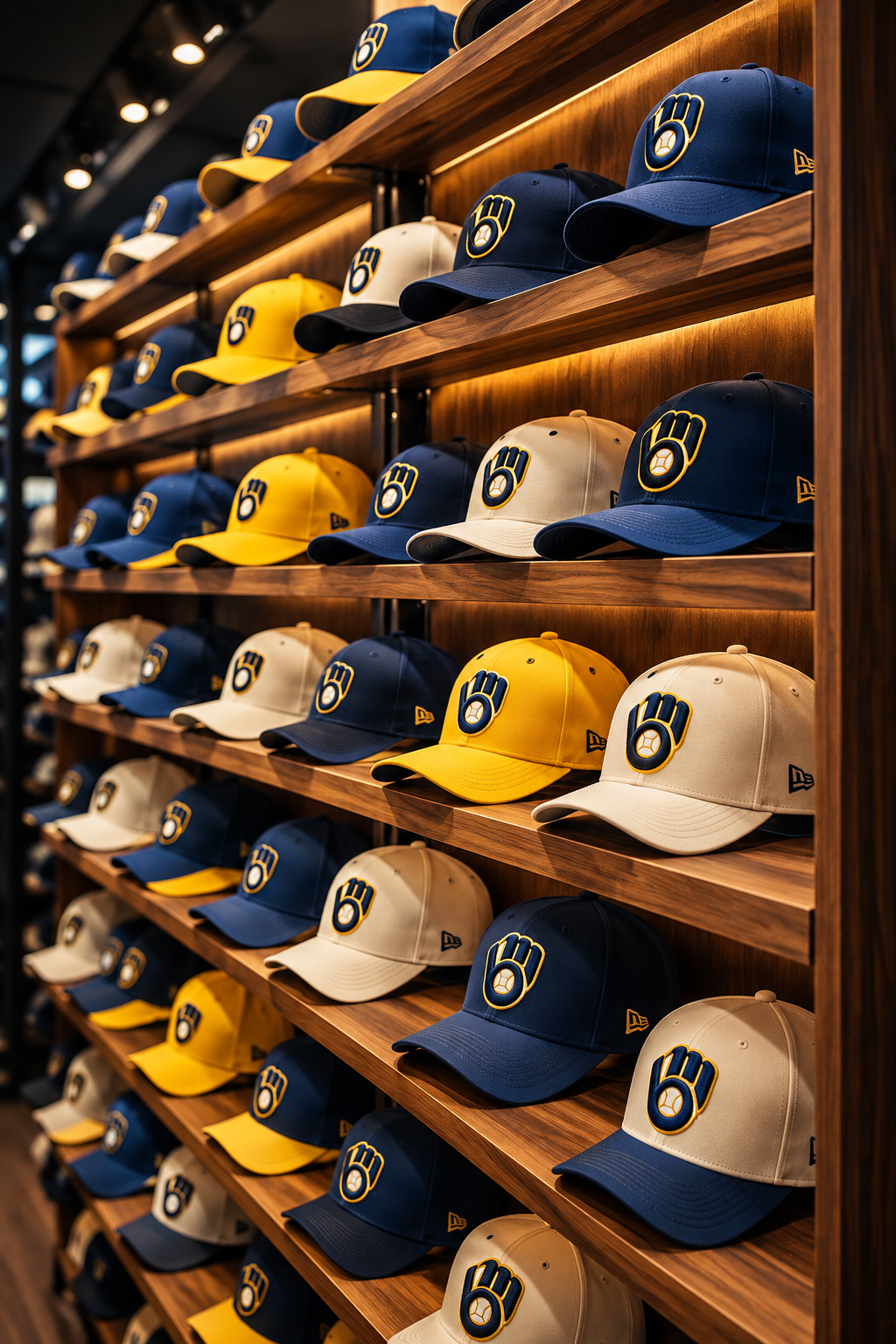 Rows of navy, gold and cream Brewers caps displayed along warm walnut shelves