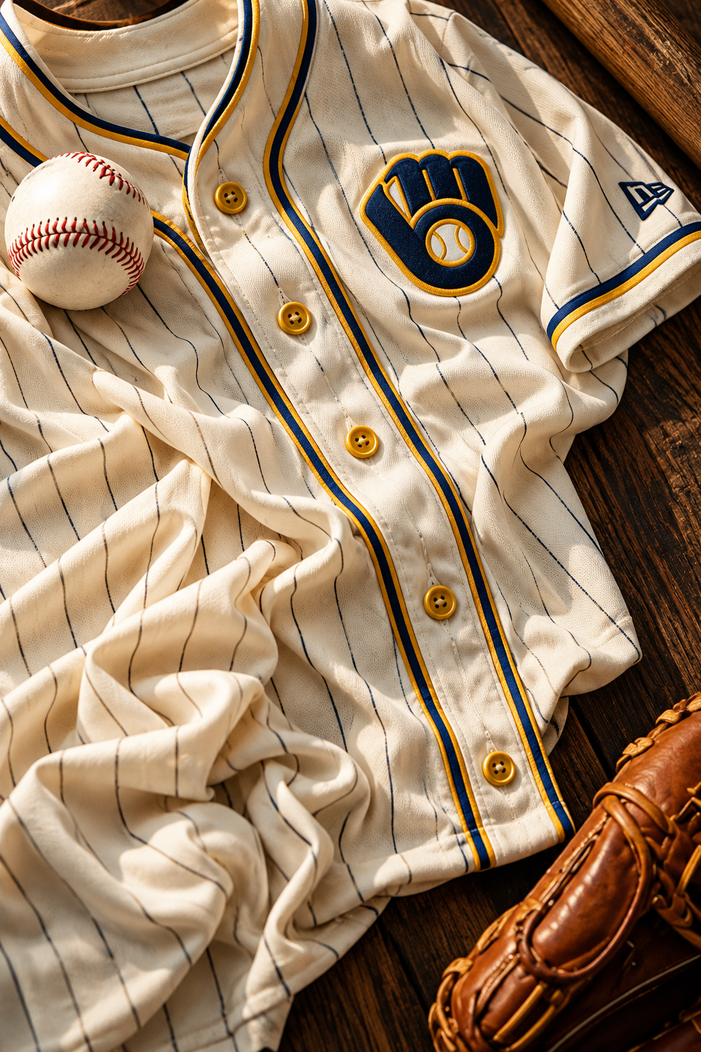 Cream pinstriped Brewers-style baseball jersey with navy and gold detailing alongside a baseball and glove