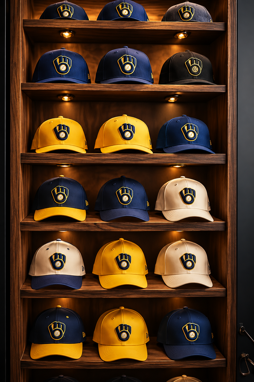 Navy, gold and cream Milwaukee baseball caps displayed on warm walnut shelves