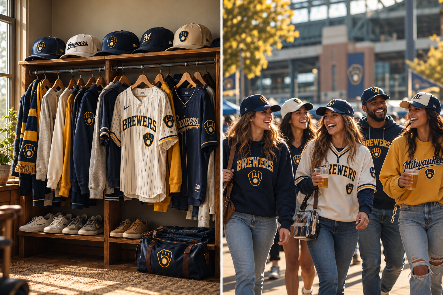 Friends dressed in navy and gold Milwaukee baseball fan apparel walking together outside the stadium on a sunny autumn day
