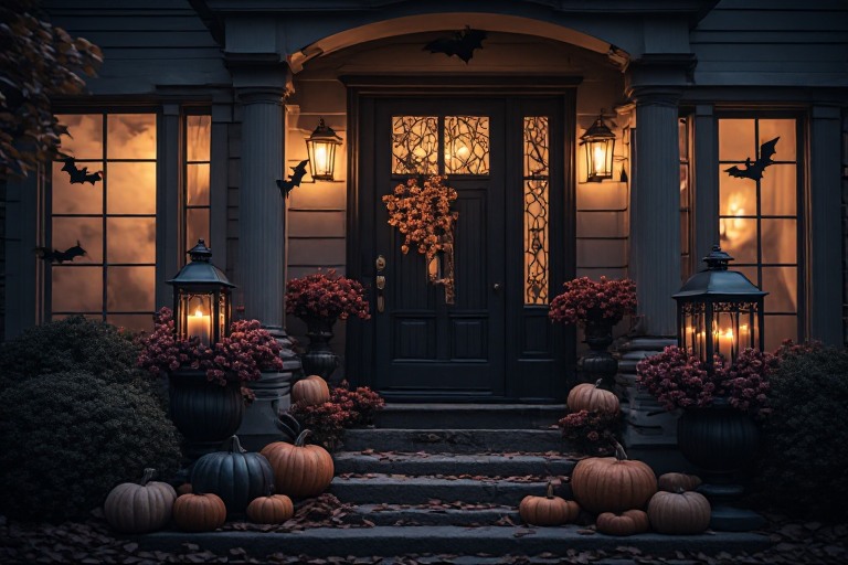 Elegant Halloween front porch with lanterns, pumpkins, and fall accents