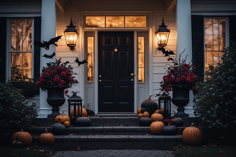 Original elegant Halloween porch photograph: black urn planters, burgundy flowers, lanterns and dark pumpkins
