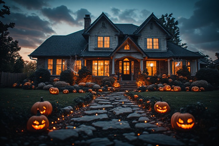 Halloween house exterior decorated with warm lights, pumpkins and outdoor decor