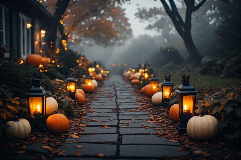 Halloween walkway lined with pumpkins and warm lights