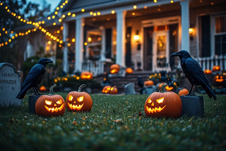 Halloween porch with orange string lights and jack-o-lanterns
