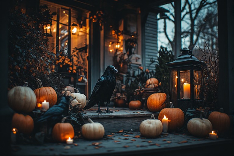 Moody black Halloween lawn decorations with pumpkins and lanterns