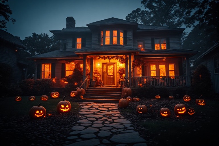 Halloween house at night with warm orange outdoor lighting