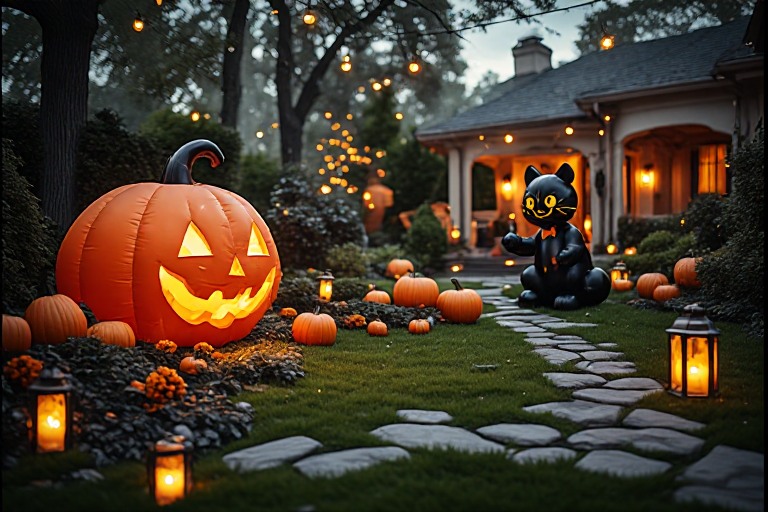 Playful Halloween lawn display with large pumpkin and black cat decor