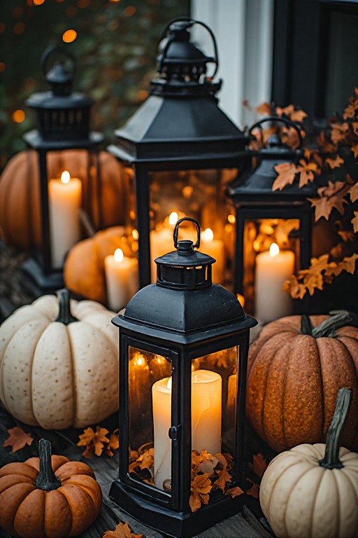Black outdoor lanterns glowing among orange and cream pumpkins