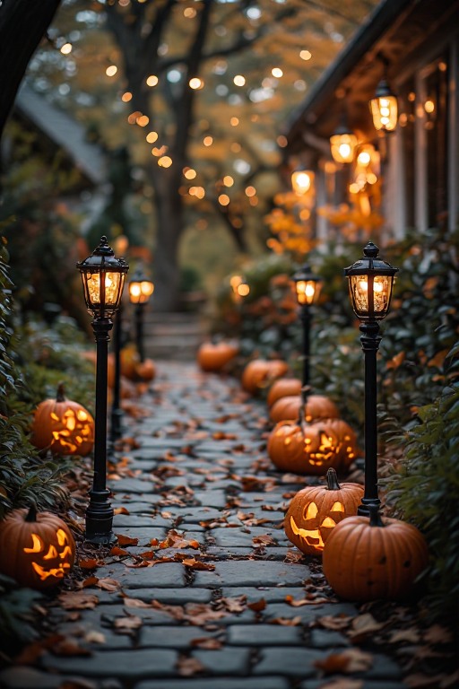 Warm Halloween pathway lighting with pumpkins