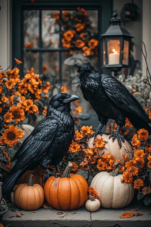 Black urn planters with Halloween pumpkins and seasonal branches