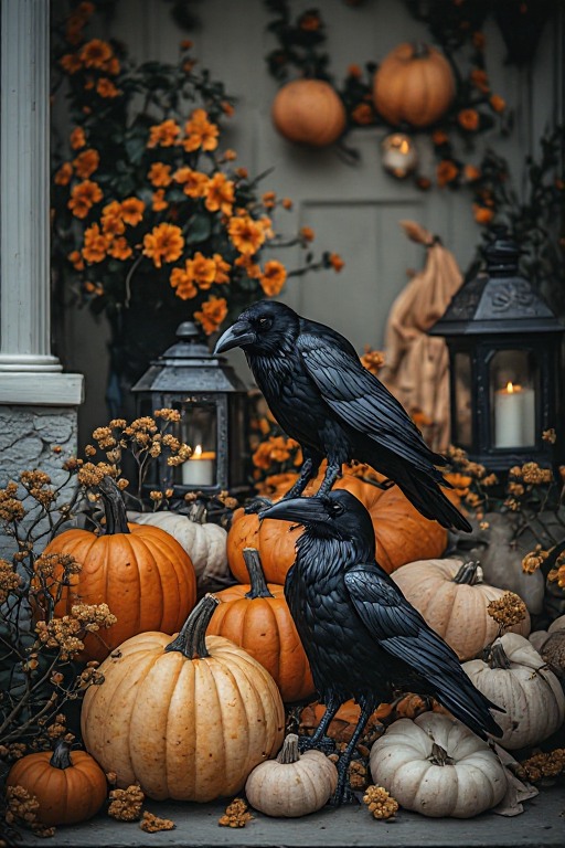 Black and orange Halloween pumpkin arrangement outdoors