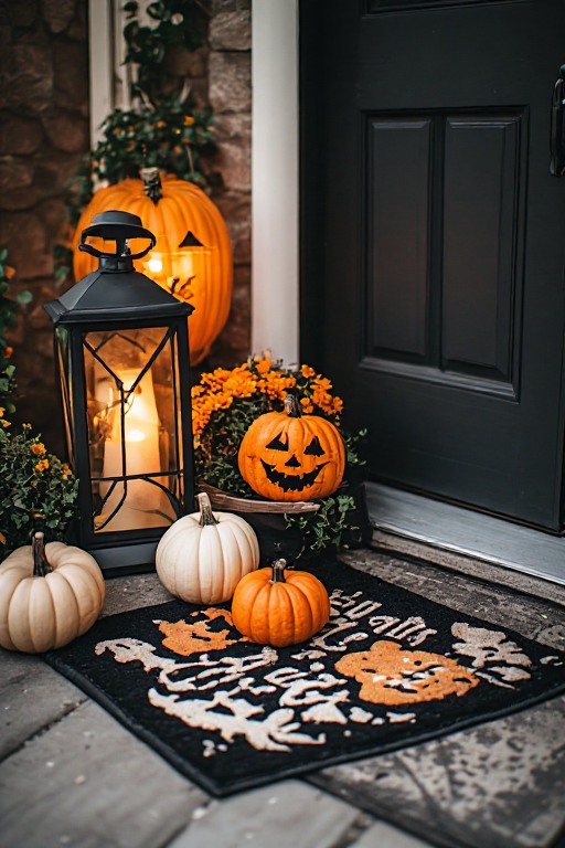 Halloween jack-o-lanterns glowing on an outdoor porch