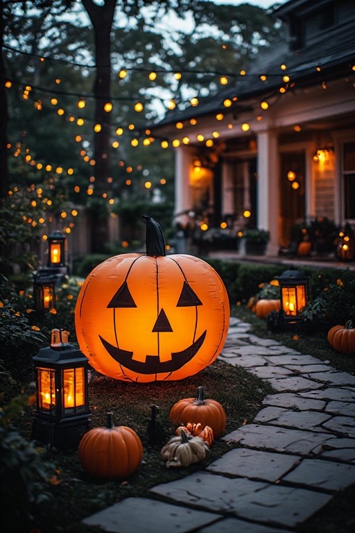Large black spider and web used as an outdoor Halloween focal point