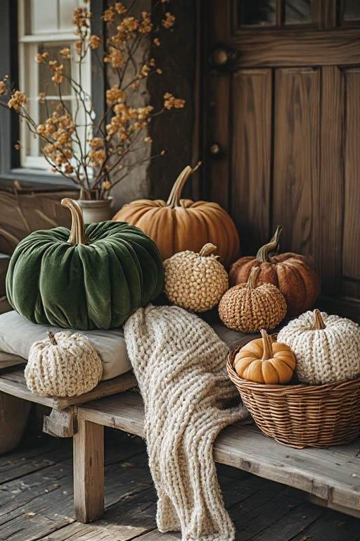 Cozy autumn porch styling inspiration with seasonal pumpkin accents