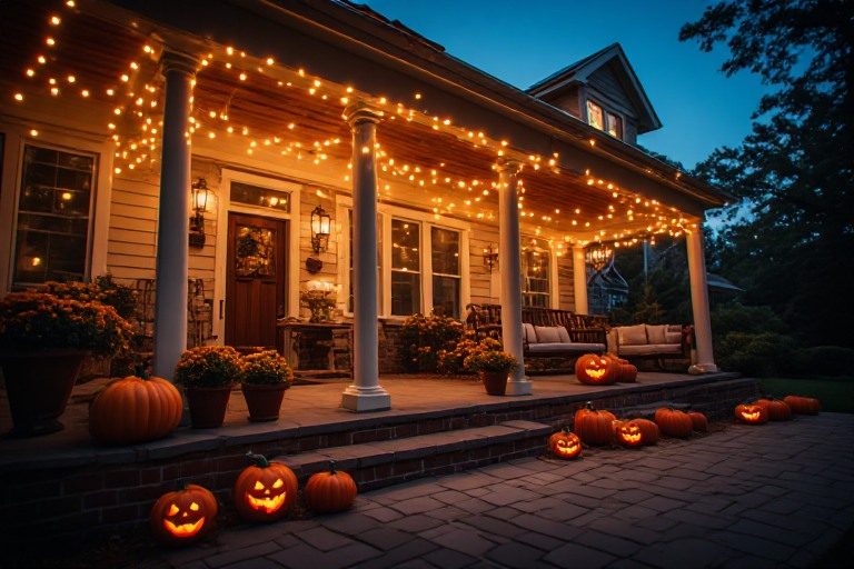 Glowing Halloween front porch decorating inspiration after dark