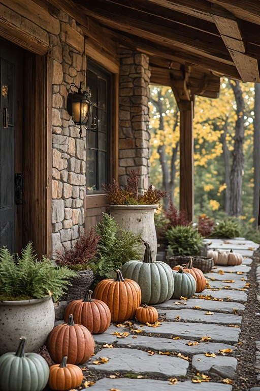 Editorial autumn entryway and seasonal pumpkin decorating inspiration