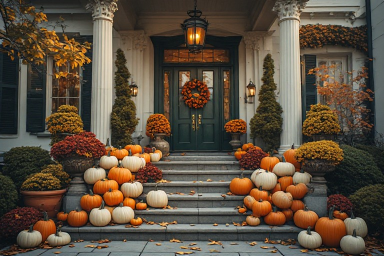 Seasonal front entrance illuminated at dusk
