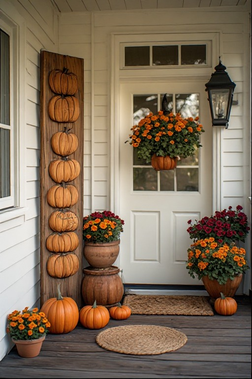 Vertical editorial photograph of an autumn home entrance