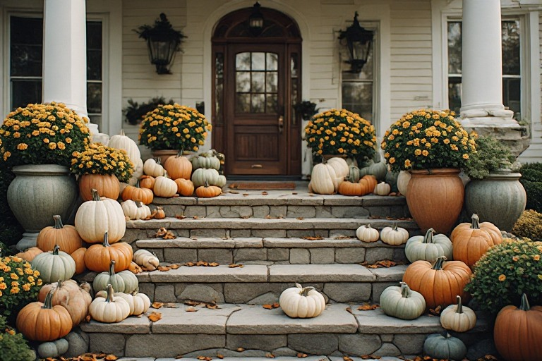 Wide editorial image illustrating a dramatic and elegant Halloween front porch