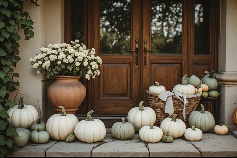 Wide editorial inspiration photograph of a beautifully styled autumn home entrance