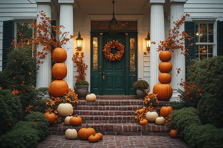 Seasonal pumpkin porch decorating inspiration featuring autumn curb appeal
