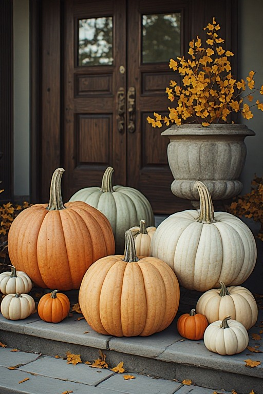 Autumn decorations arranged along a front garden approach