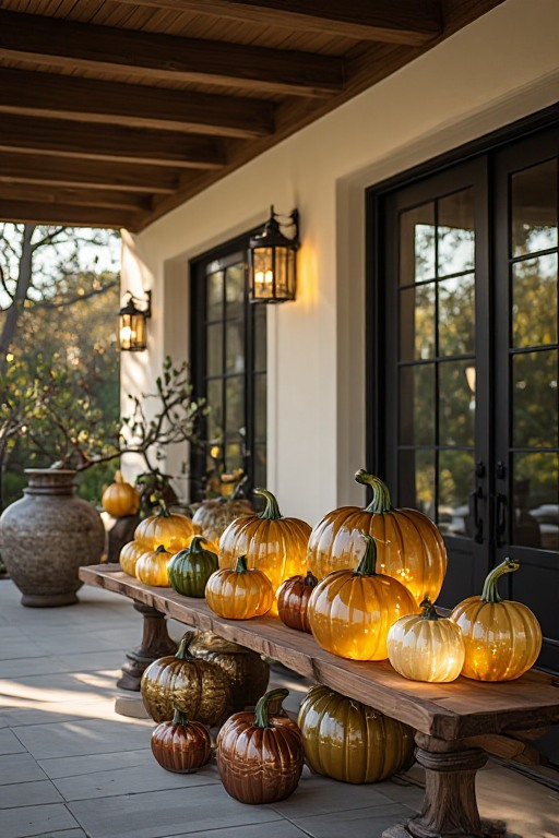 Seasonal autumn decorating vignette with pumpkins and warm materials