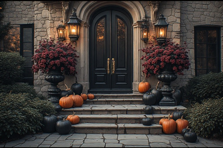 Symmetrical black arched front entrance illuminated at dusk with deep burgundy flowers and lanterns