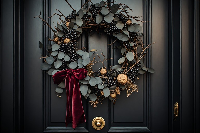 Dark botanical Halloween wreath with burgundy ribbon on a black front door