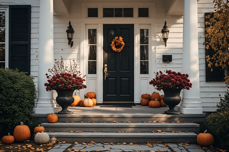 Bright traditional white home entrance, dark front door, understated autumn wreath and burgundy planters