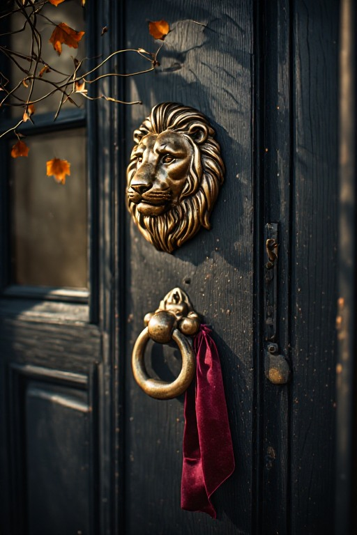 Aged brass lion door knocker mounted on black wood