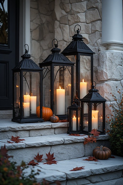 Group of black outdoor metal lanterns with warm candles on stone steps