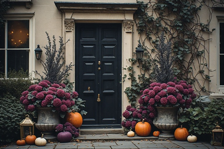 Classic charcoal front door framed by black stone planters with lush deep burgundy flowers