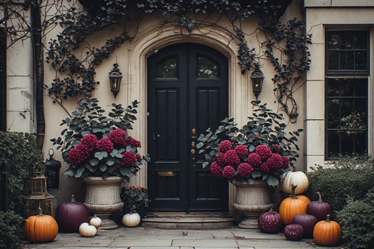 Moody traditional dark wooden front door framed by climbing branches and burgundy seasonal flower planters