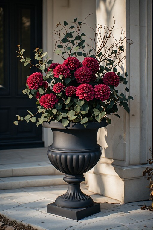 Burgundy dahlias and hydrangeas spilling from a black urn outside a light stone entrance