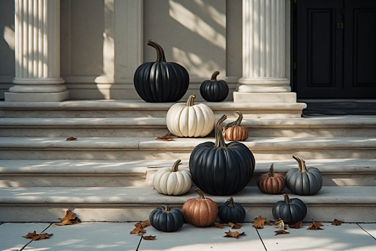 Black and ivory heirloom-style pumpkins arranged in balanced clusters on front entry steps
