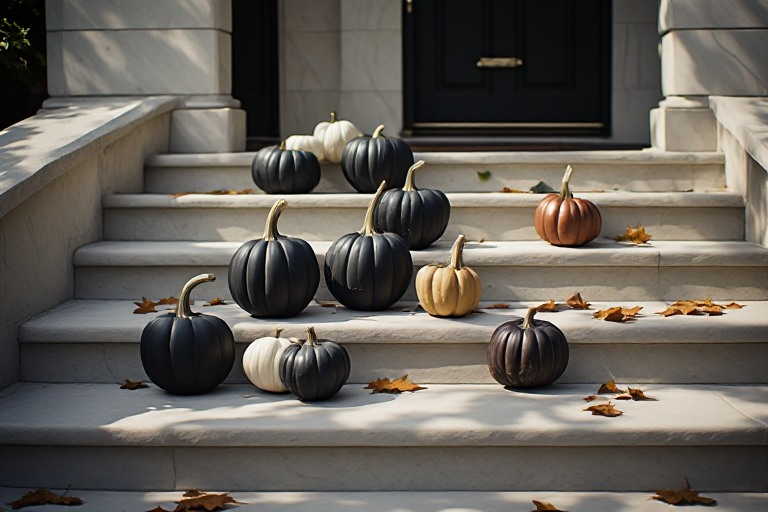 Group of black and copper-colored sculptural pumpkins arranged on pale exterior stone steps