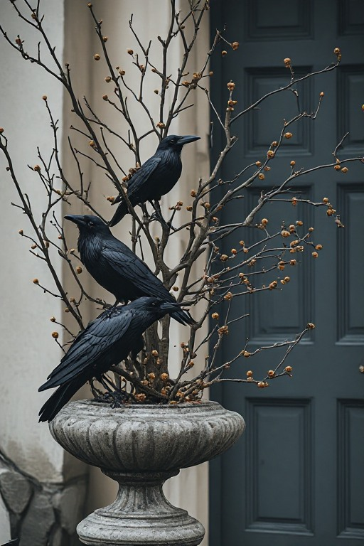 Two dark raven figures perched on delicate bare branches against a charcoal exterior door