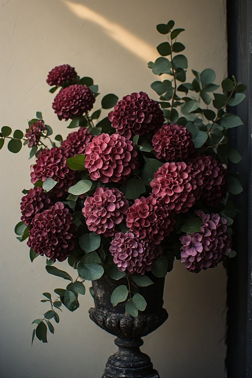 Close-up of rich burgundy hydrangea blooms with muted dark green foliage