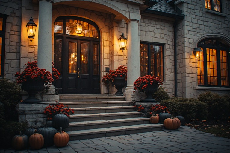 Wide architectural view of a formal stone front entrance with glowing exterior lanterns and paired dark planters