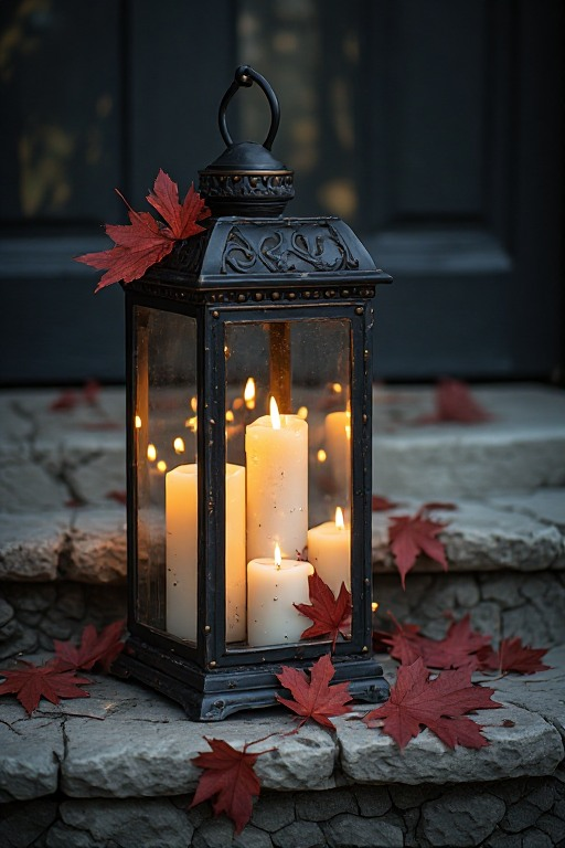 Close-up of a black metal lantern and warm candlelight at dusk