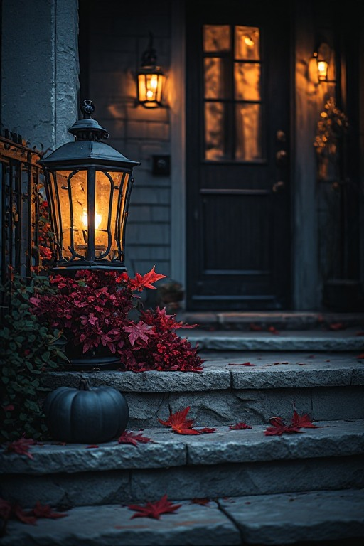 Black outdoor lantern glowing beside a dark front door
